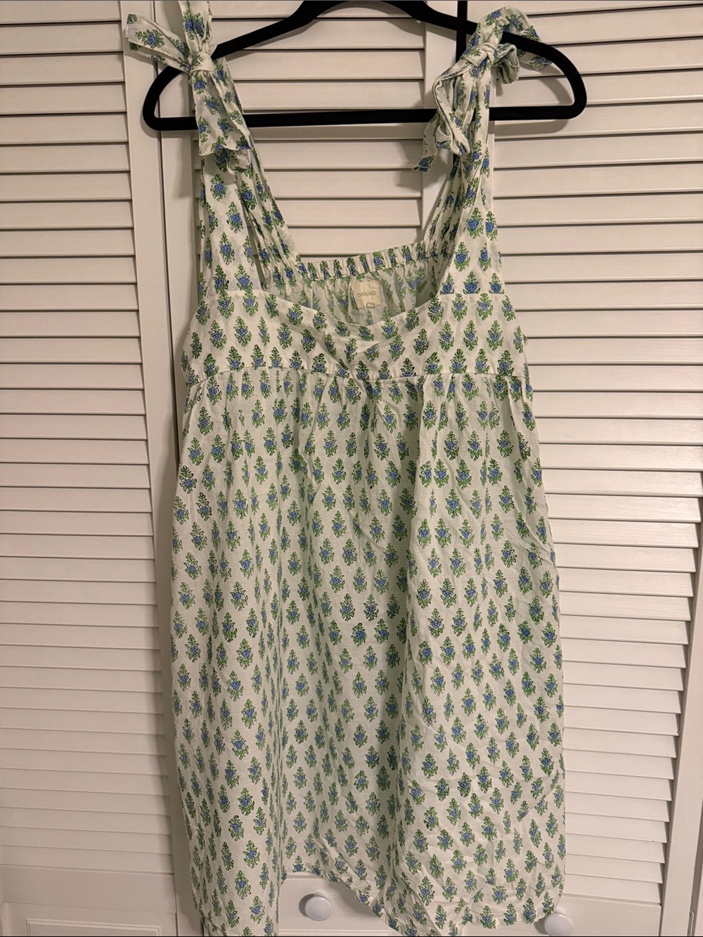 Darling White Floral Tie-Shoulder Dress with Blue & Green Print
